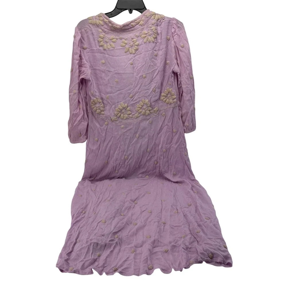 Free People Lavender Embroidered Gauze Boho Midi Dress V-Neck Purple 3/4 Sleeve
